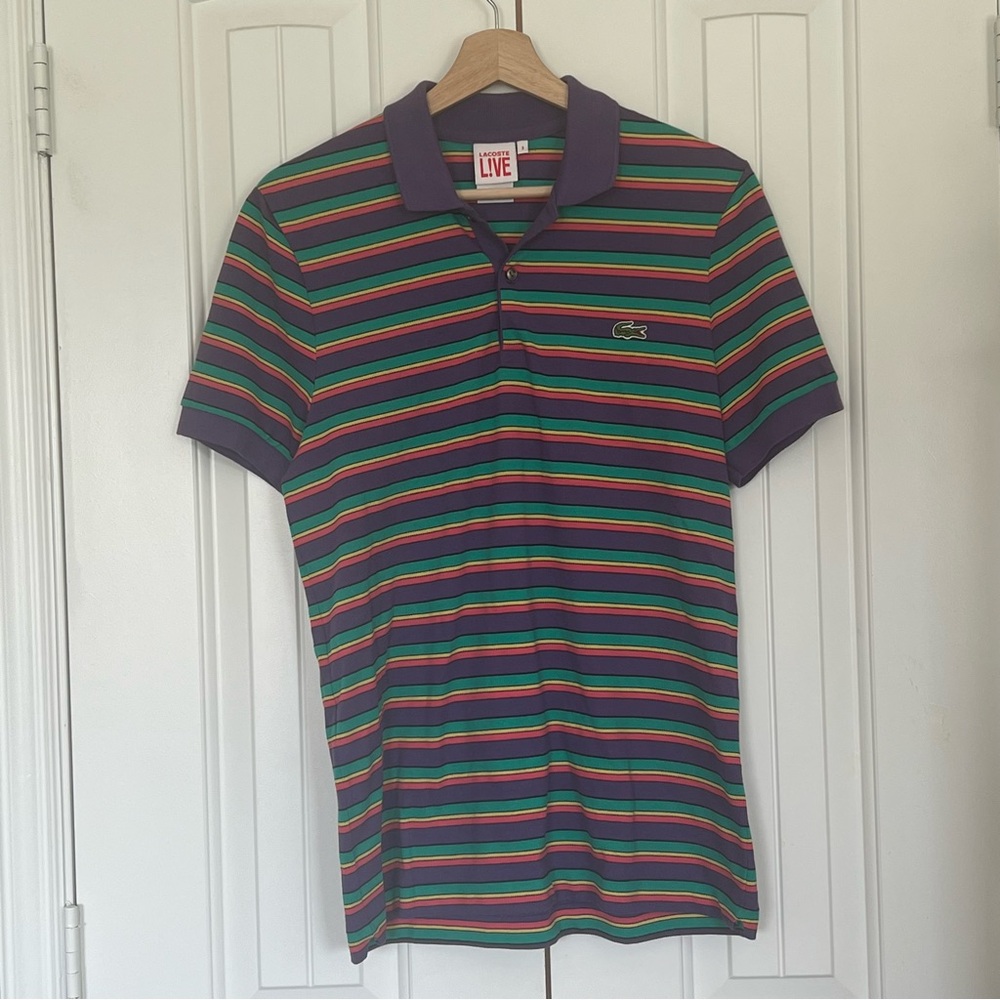Lacoste Live polo shirt men small size 3 Multi Color Stripes Purple Green Yellow